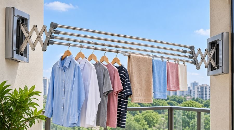Close-up view of stainless steel pull and dry cloth hanger fixed on balcony wall by ENB Enterprises