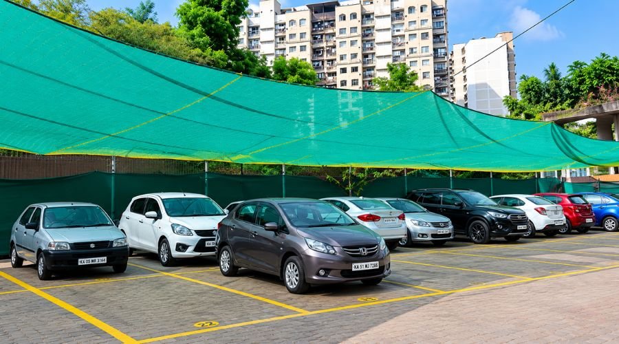 Hasini Safety Nets team completing car parking net installation at a Chennai residential complex