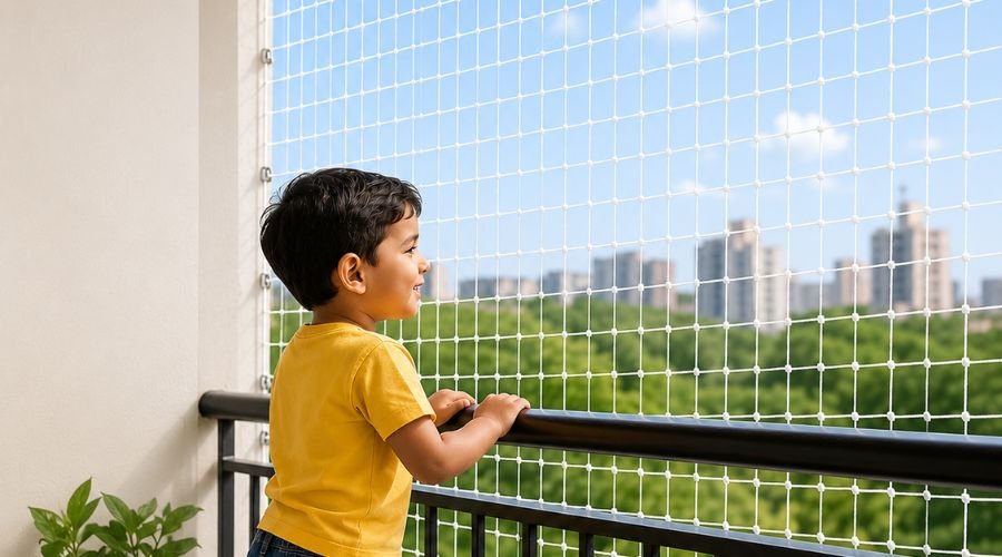 Children playing safely on balcony protected by Hasini Safety Nets in Chennai