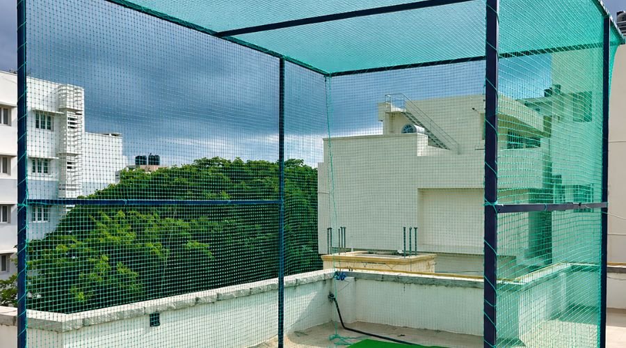 Completed terrace cricket practice net setup ready for use in Chennai